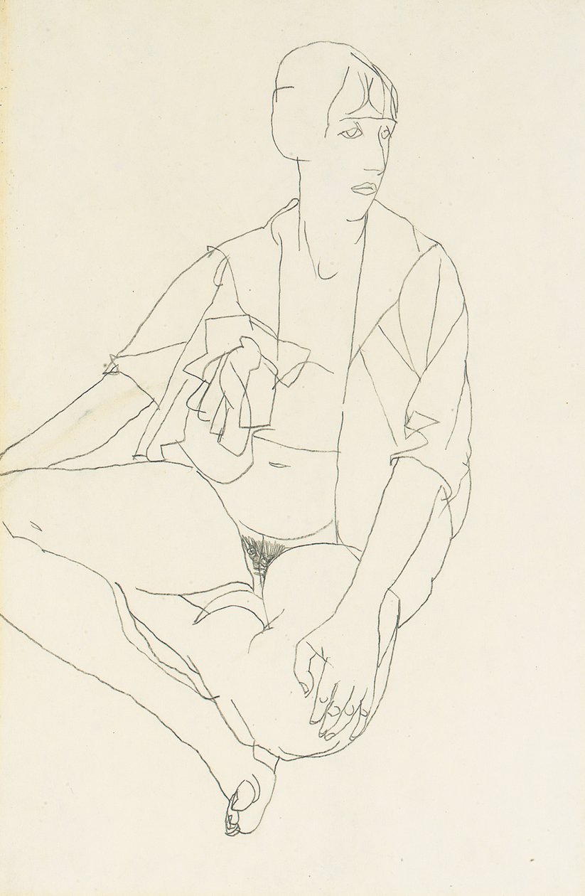Siddende nøgen kvinde med åben bluse, 1913 af Egon Schiele