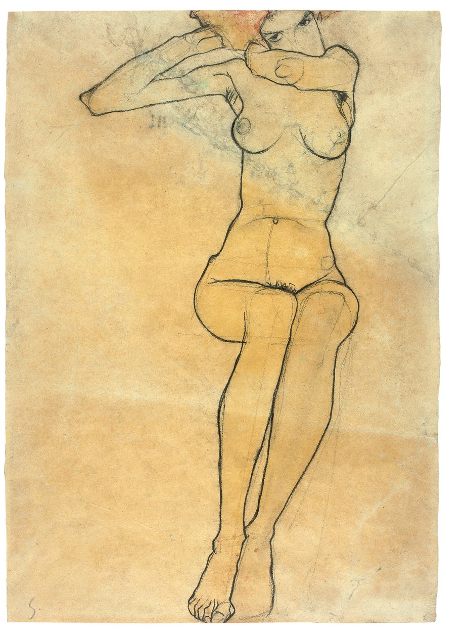 Siddende nøgen, 1910 af Egon Schiele