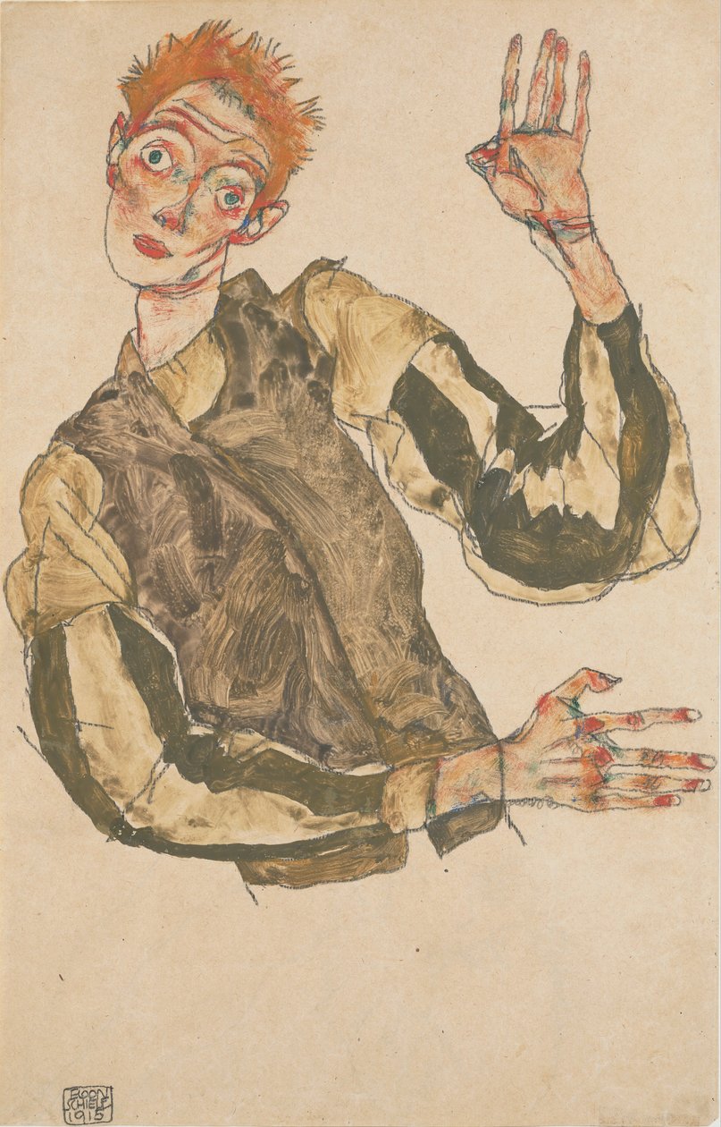 Selvportræt med stribede ærmebeskyttere af Egon Schiele