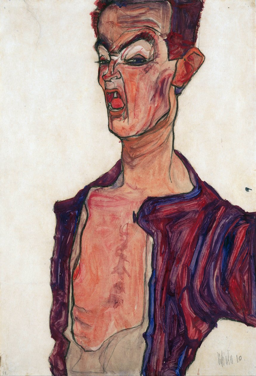 Selvportræt, grimasser - Schiele, Egon (1890-1918) - 1910 - Gouache på papir - 45,3x30,7 - Leopold Museum, Wien af Egon Schiele