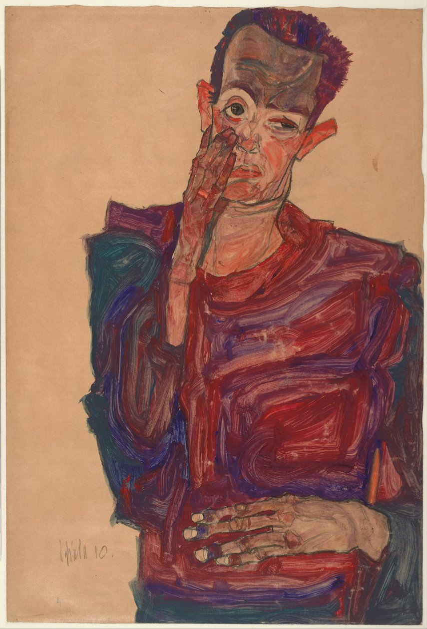 Selvportræt med øjenlåg trukket ned, 1910 af Egon Schiele
