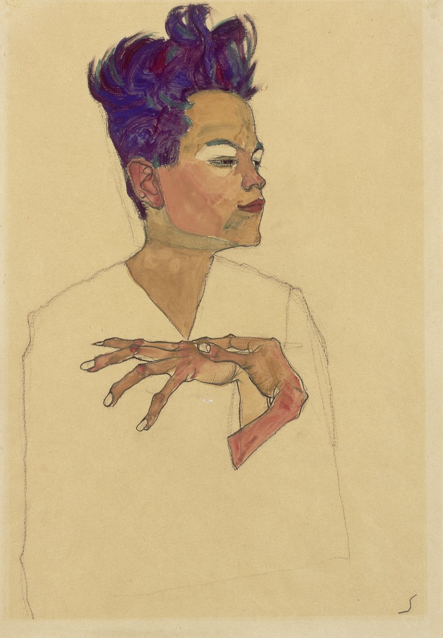 Selvportræt med hænder på brystet, 1910 af Egon Schiele