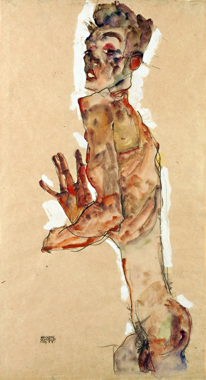 Selvportræt med spredte fingre - Schiele, Egon (1890-1918) - 1911 - Sort kridt, Gouache på papir - 52,5x28 - Leopold Museum, Wien af Egon Schiele