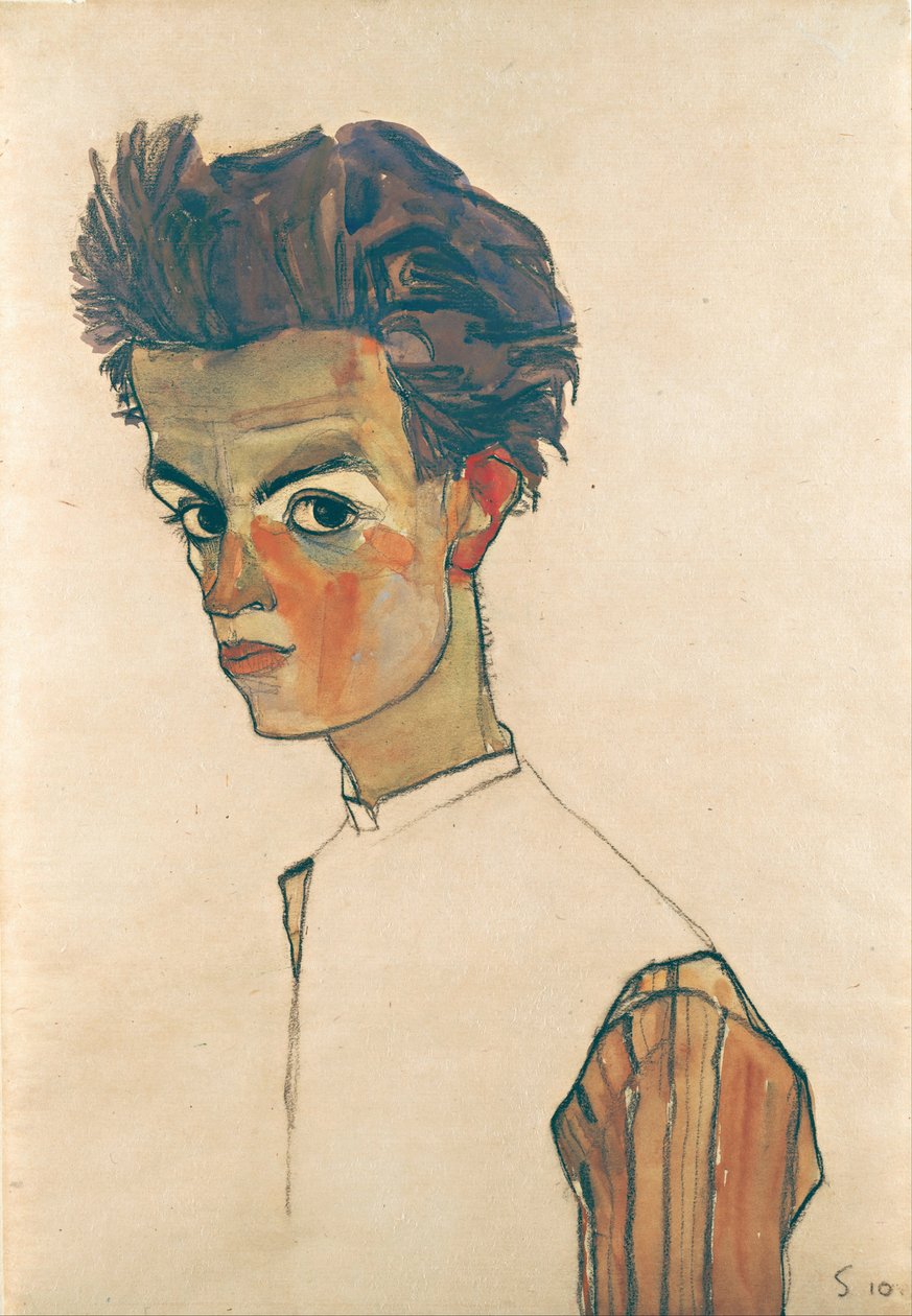 Selvportræt med stribet skjorte, 1910 (grafit & wc på papir) af Egon Schiele