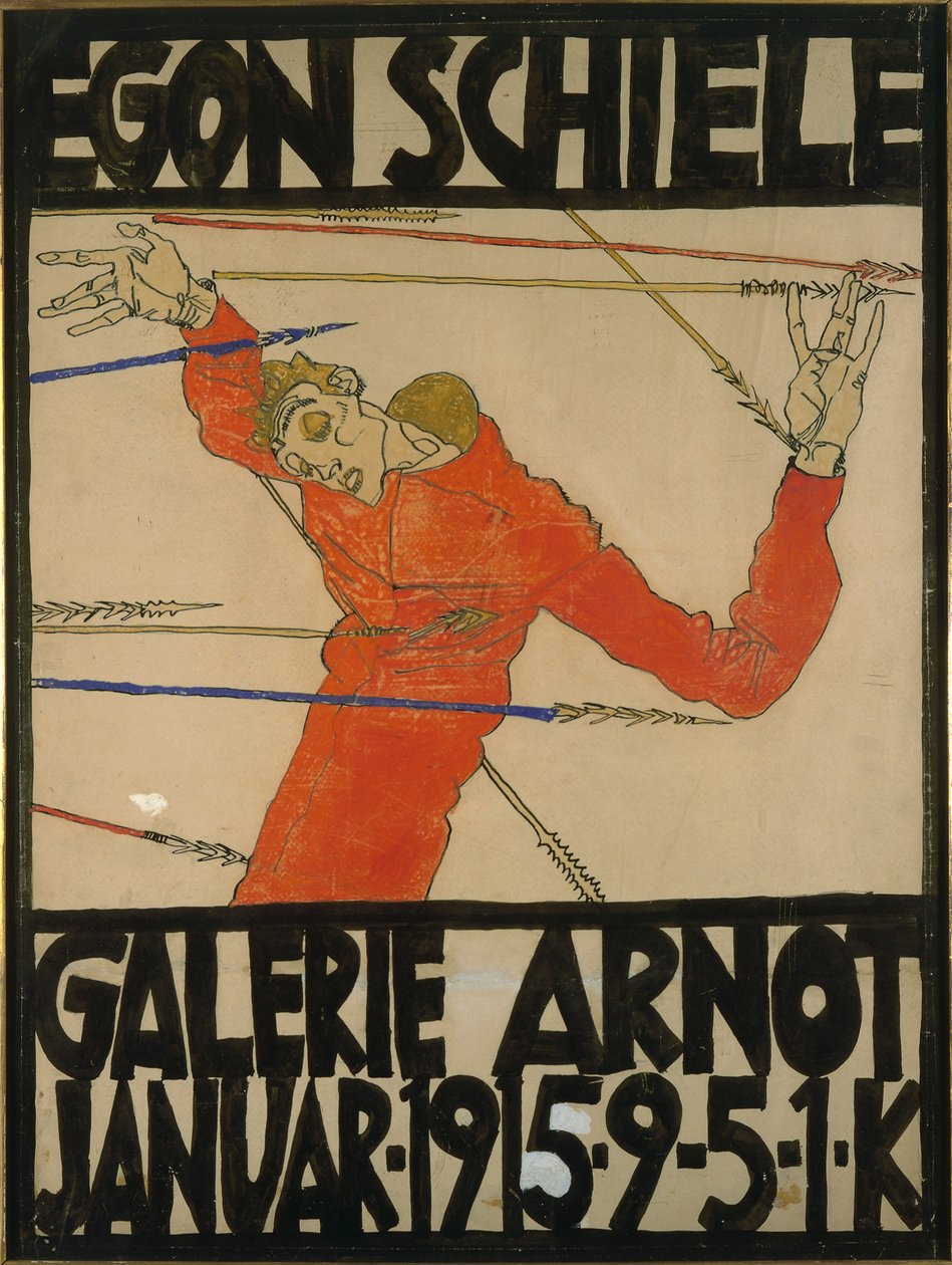 Selvportræt som Saint Sebastian, plakatdesign til am-udstilling i Galerie Arnot, 1914 (gouache, sort farveblyant og blæk på pap) af Egon Schiele