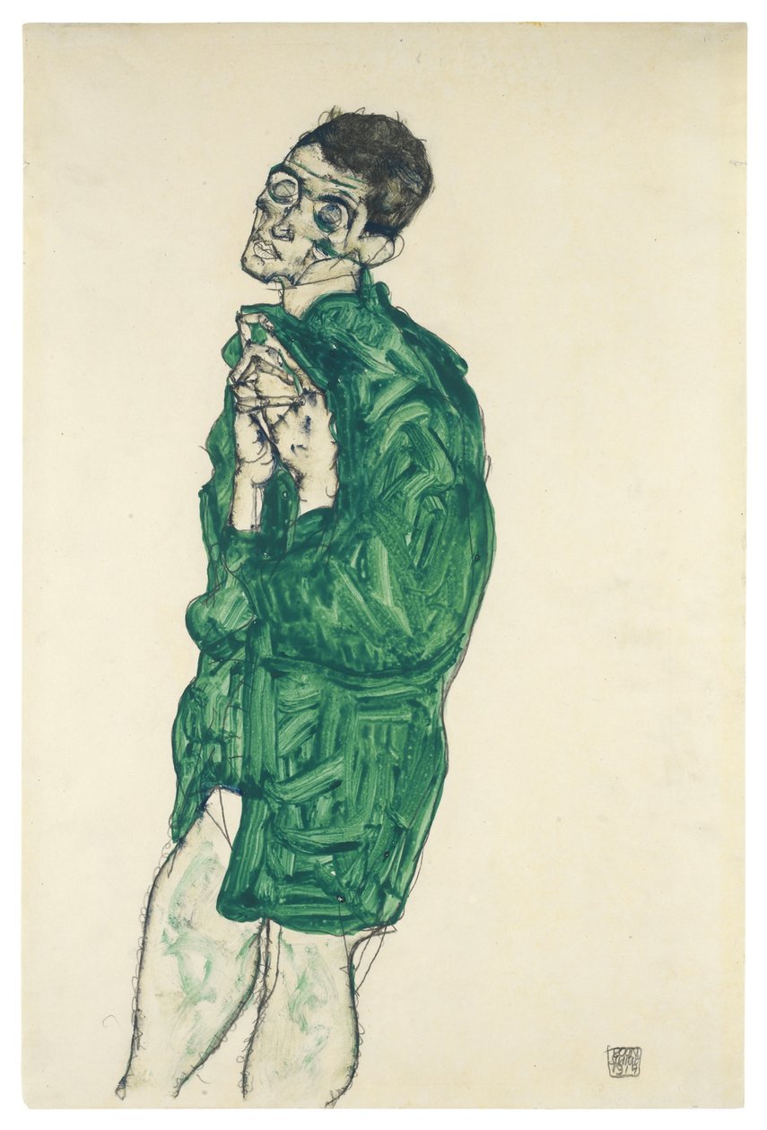 Selvportræt i grøn skjorte med lukkede øjne, 1914 af Egon Schiele