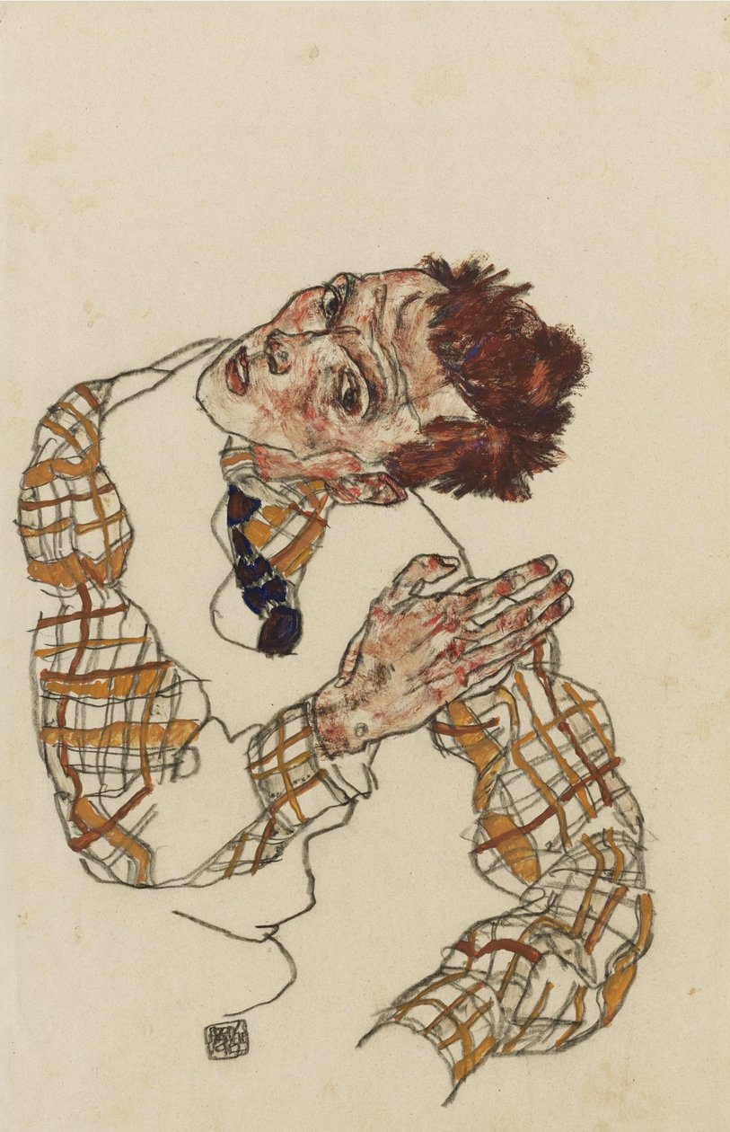 Selvportræt med ternet skjorte, 1917 af Egon Schiele