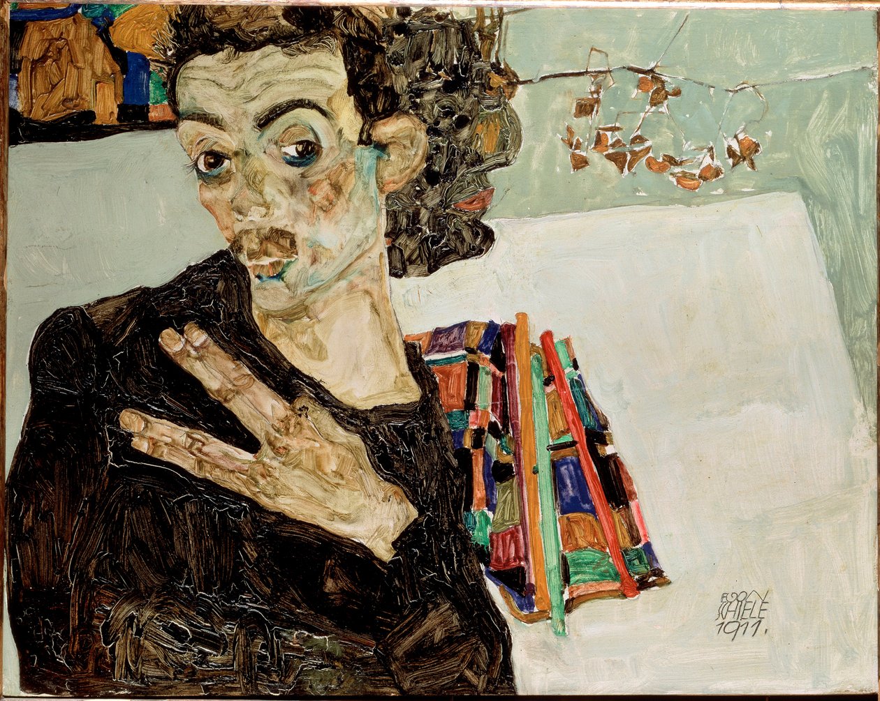 Selvportræt med fingrene fra hinanden. Maleri af Egon Schiele af Egon Schiele