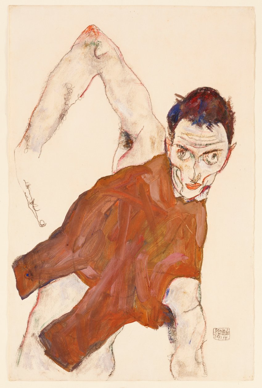 Selvportræt i en ryk med højre albue hævet, 1914 af Egon Schiele