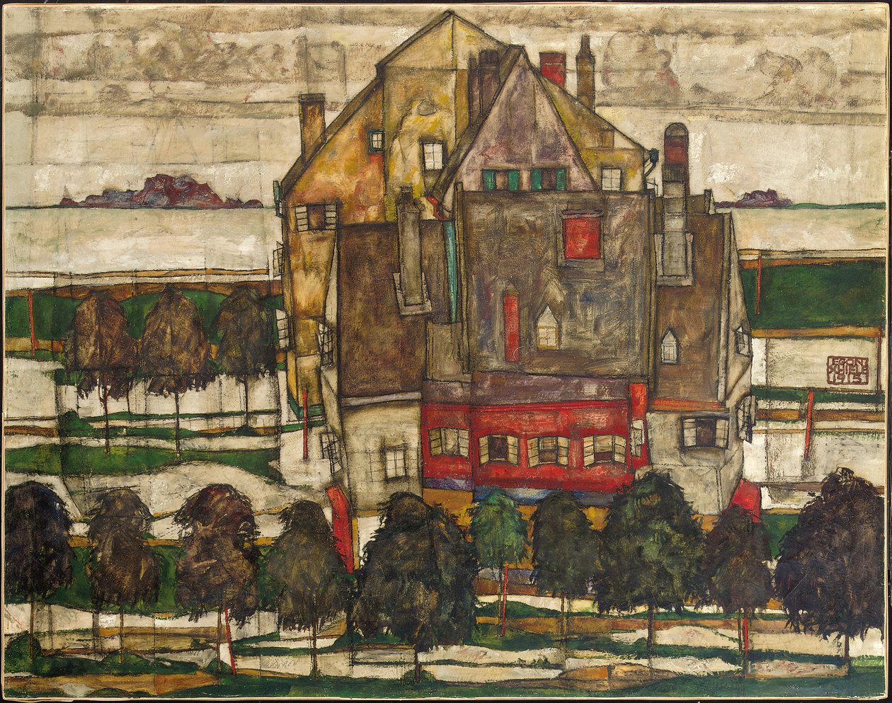 Single Houses (Houses with Mountain) 1915 (olie på lærred) af Egon Schiele