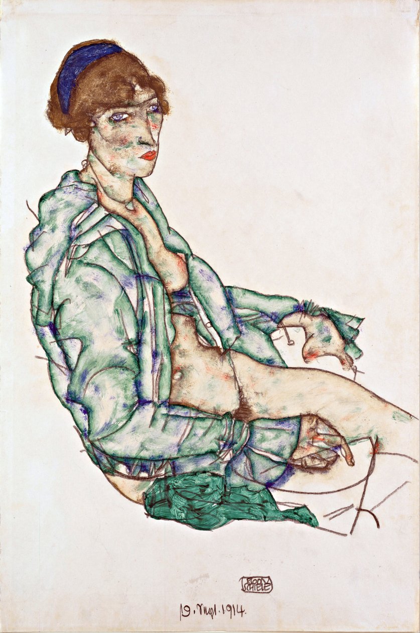 Siddende halvnøgen med blåt hårbånd - Schiele, Egon (1890-1918) - 1914 - Sort kridt, Gouache på papir - 47,4x31,3 - Leopold Museum, Wien af Egon Schiele