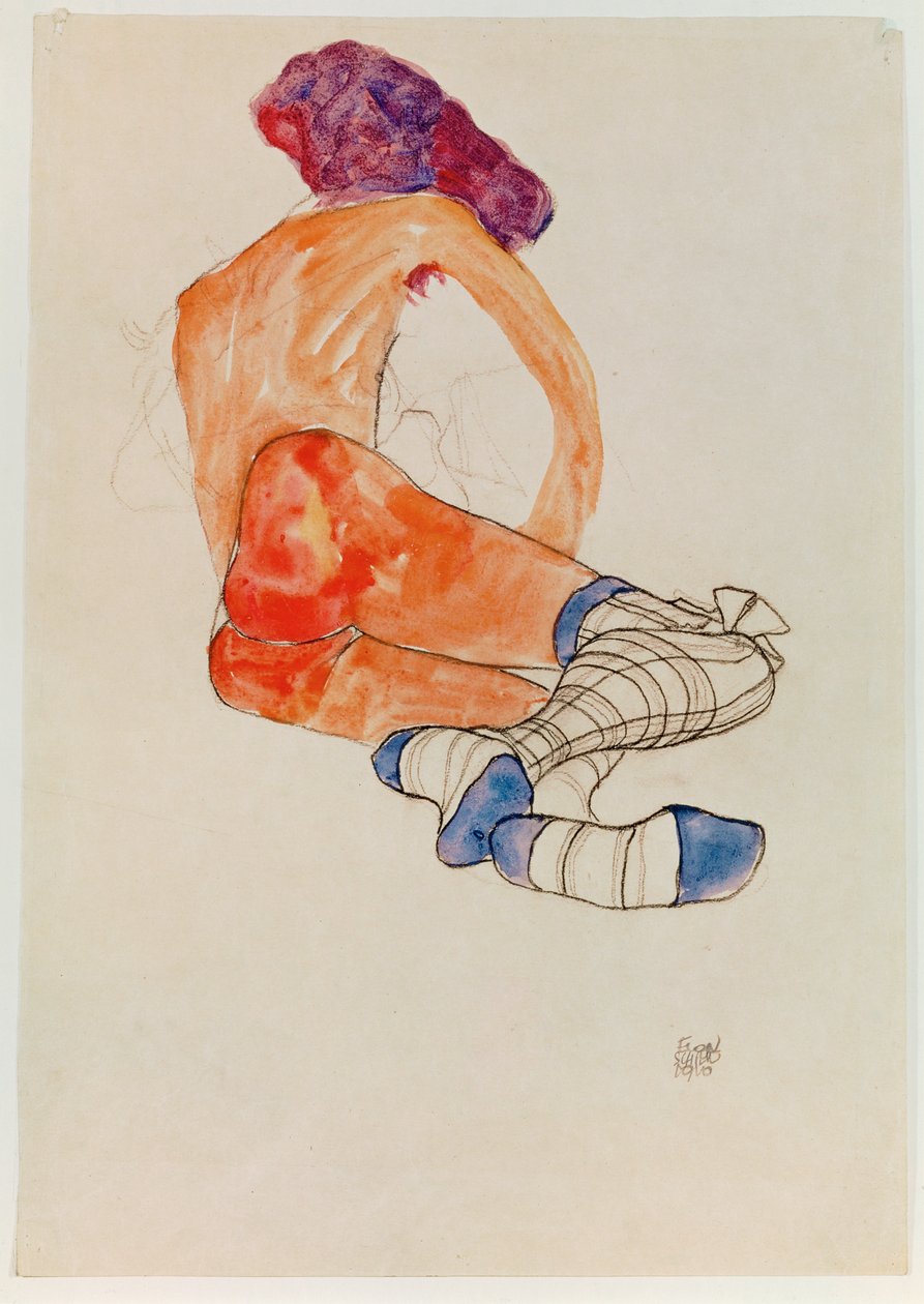 Siddende kvindelig nøgen med blåt strømpebånd, fra ... (gouache, akvarel og kul) af Egon Schiele