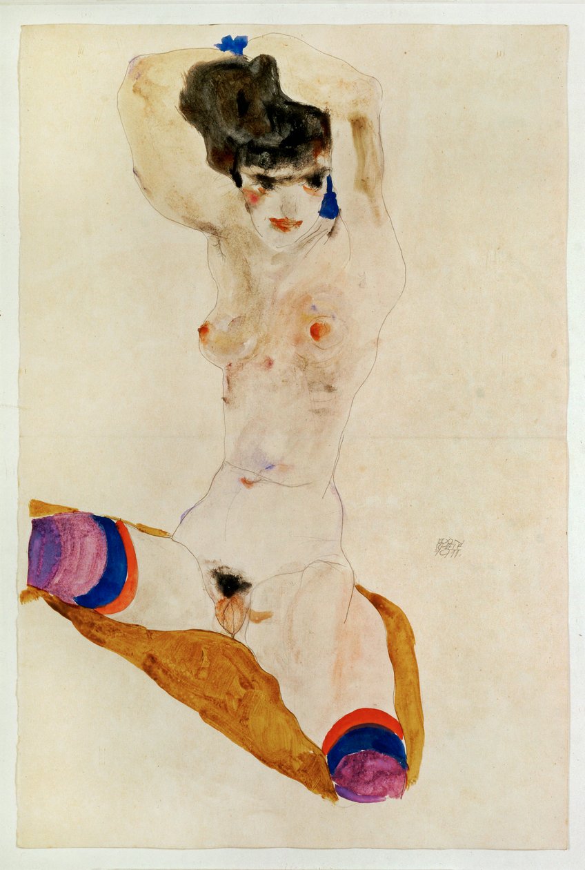 Siddende nøgen pige med over hovedet ... (akvarel og blyant) af Egon Schiele