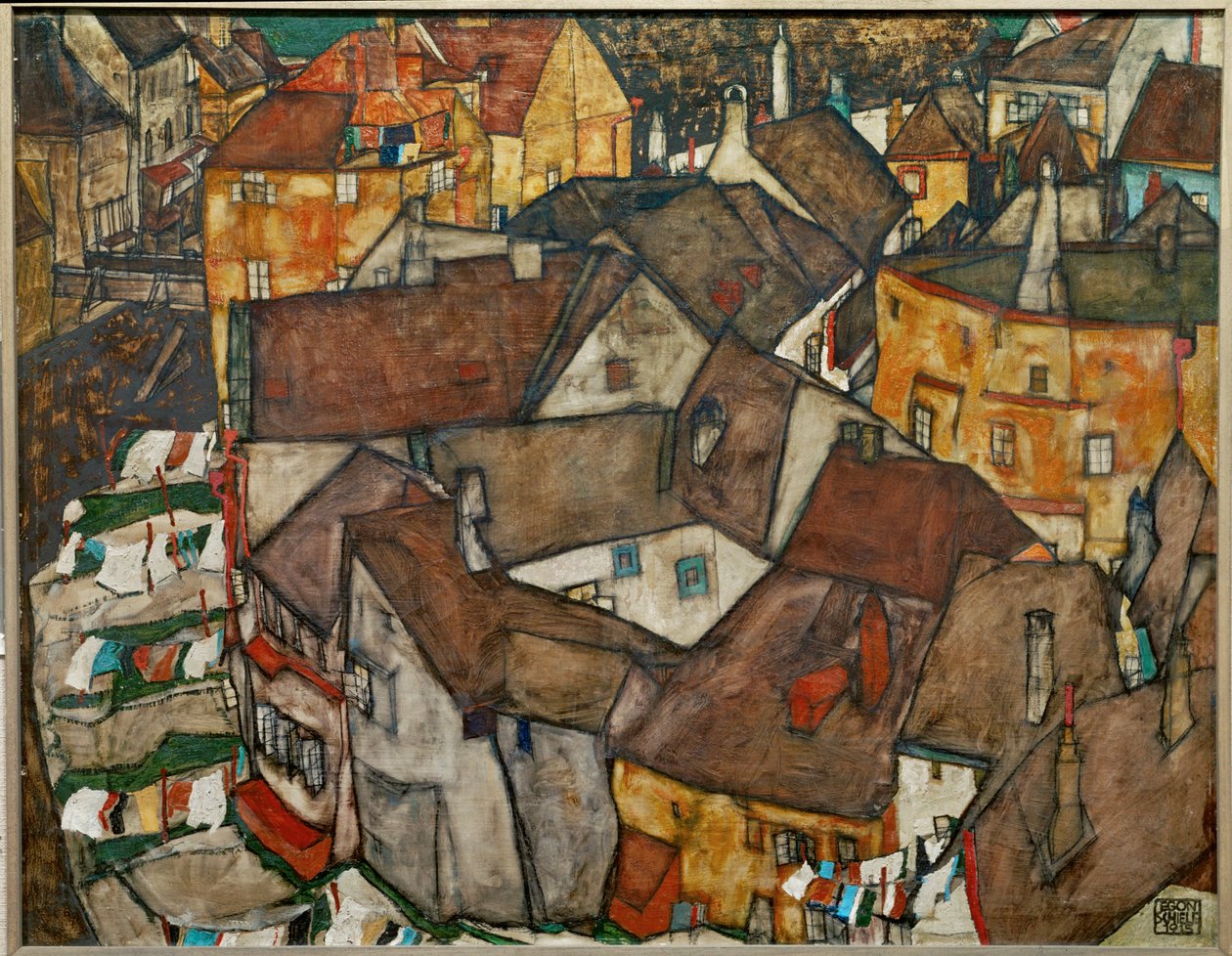 Lille by - Krumau i Tjekkoslovakiet (olie på lærred) af Egon Schiele