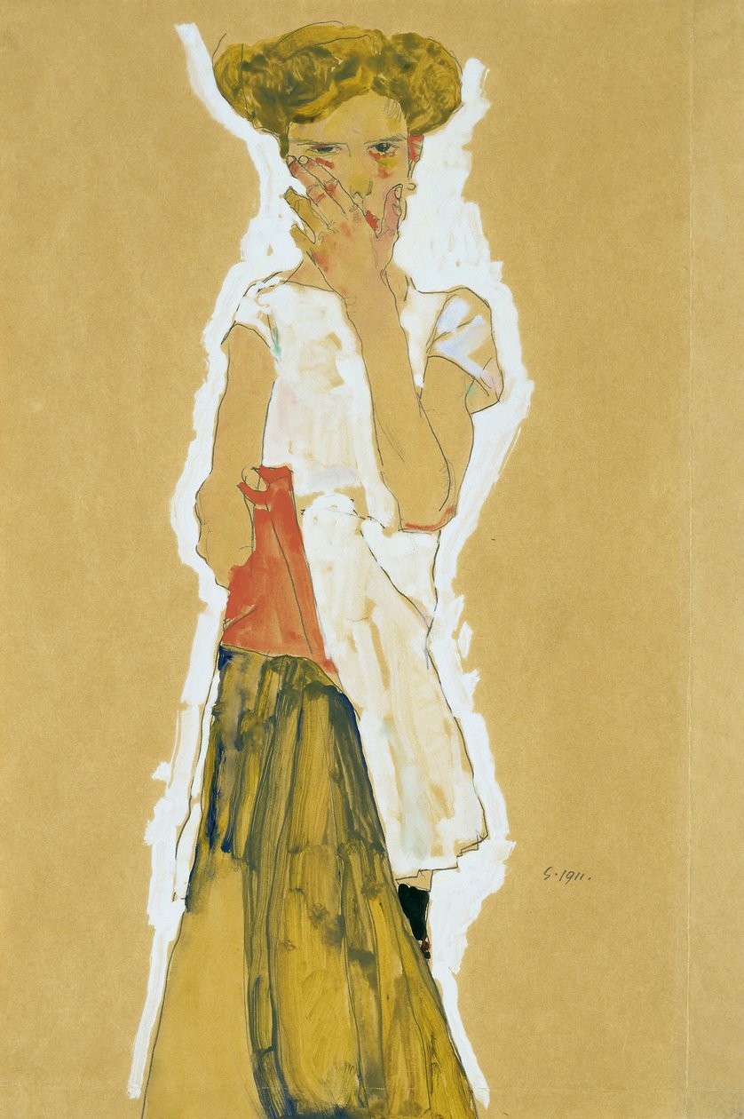 Stående pige i hvid underkjole af Egon Schiele