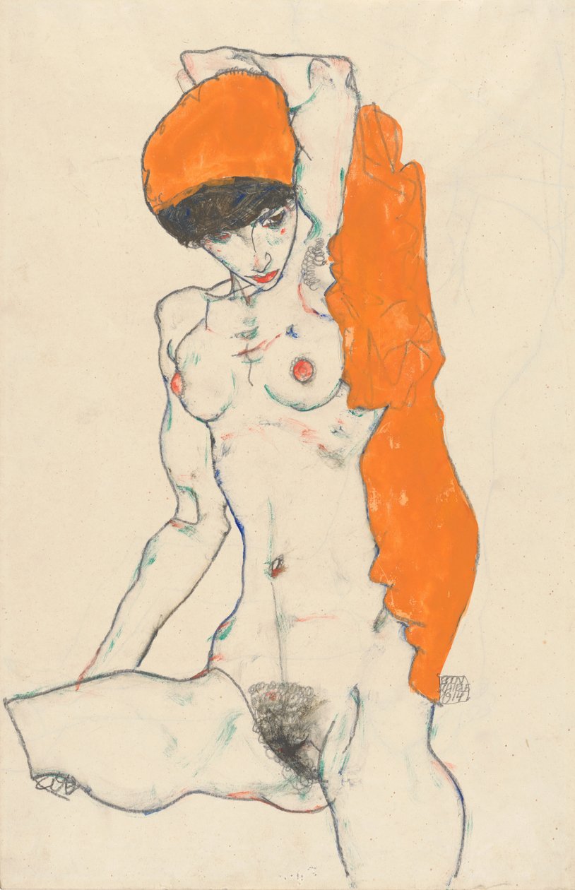 Stående nøgen med orange draperi, 1914 (wc, gouache og grafit på papir) af Egon Schiele