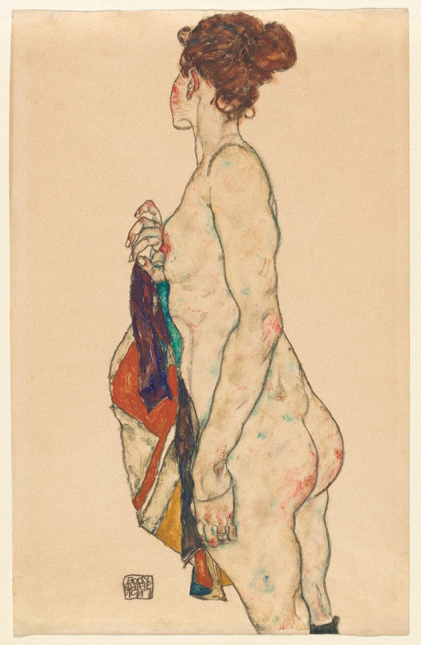 Stående nøgen med en mønstret kappe af Egon Schiele