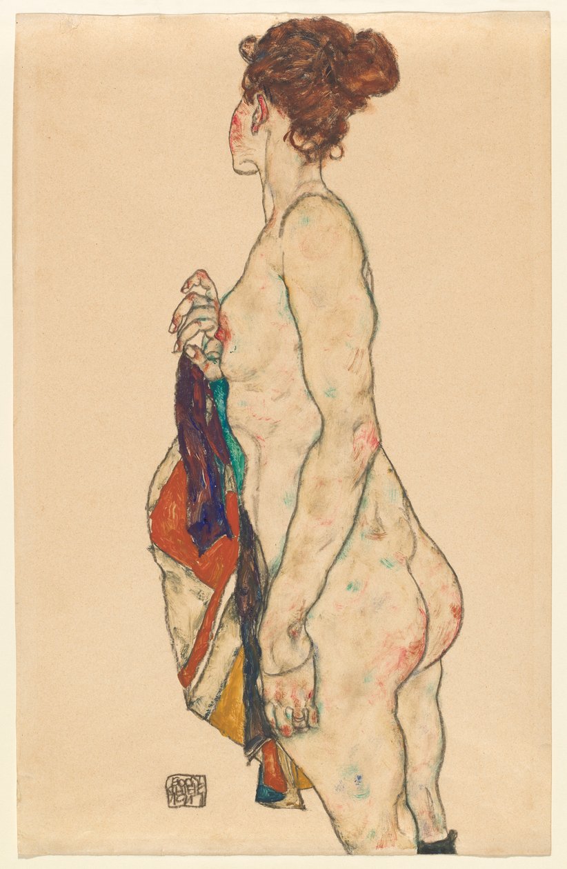 Stående nøgen med en mønstret kappe, 1917 af Egon Schiele