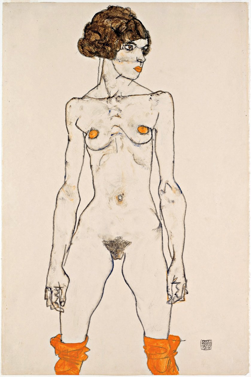 Stående ung kvinde nøgen med orangefarvede strømper af Egon Schiele