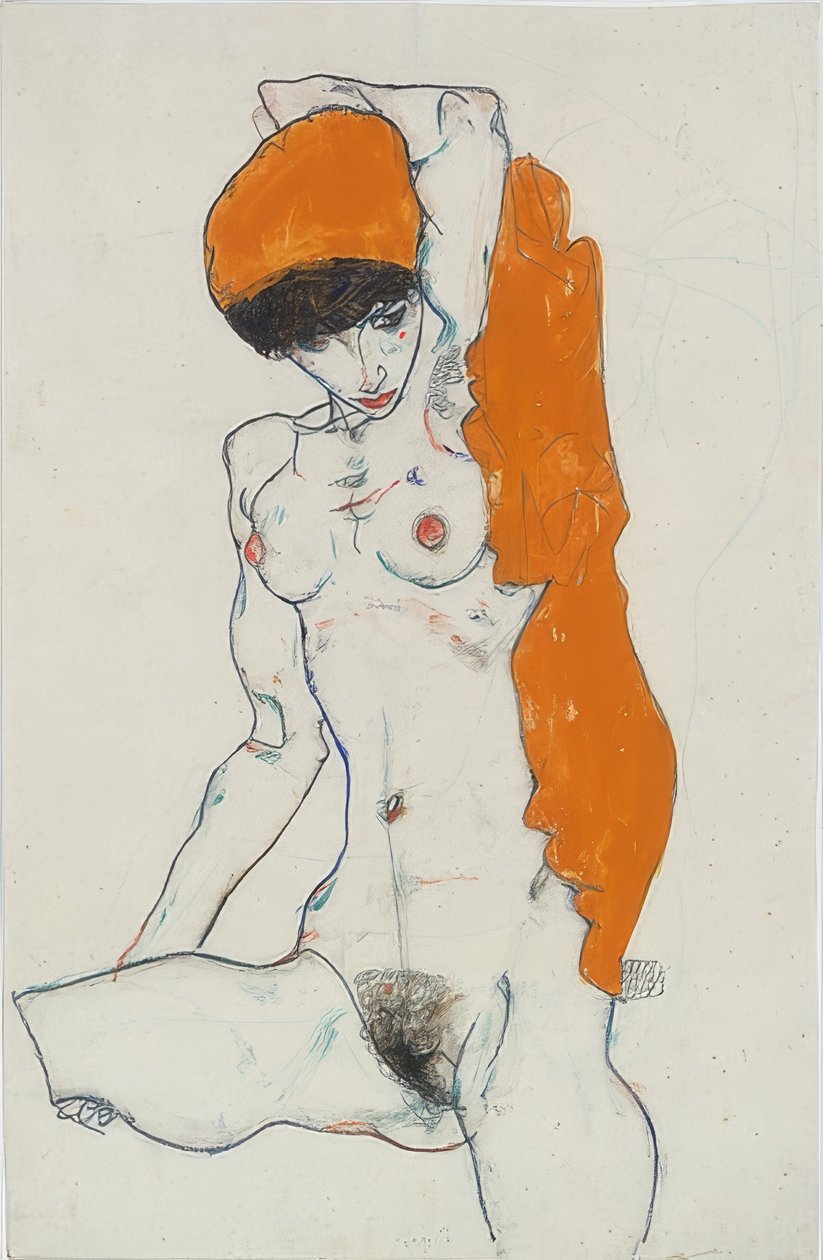 Stående nøgen med en orange klud. 1914 af Egon Schiele