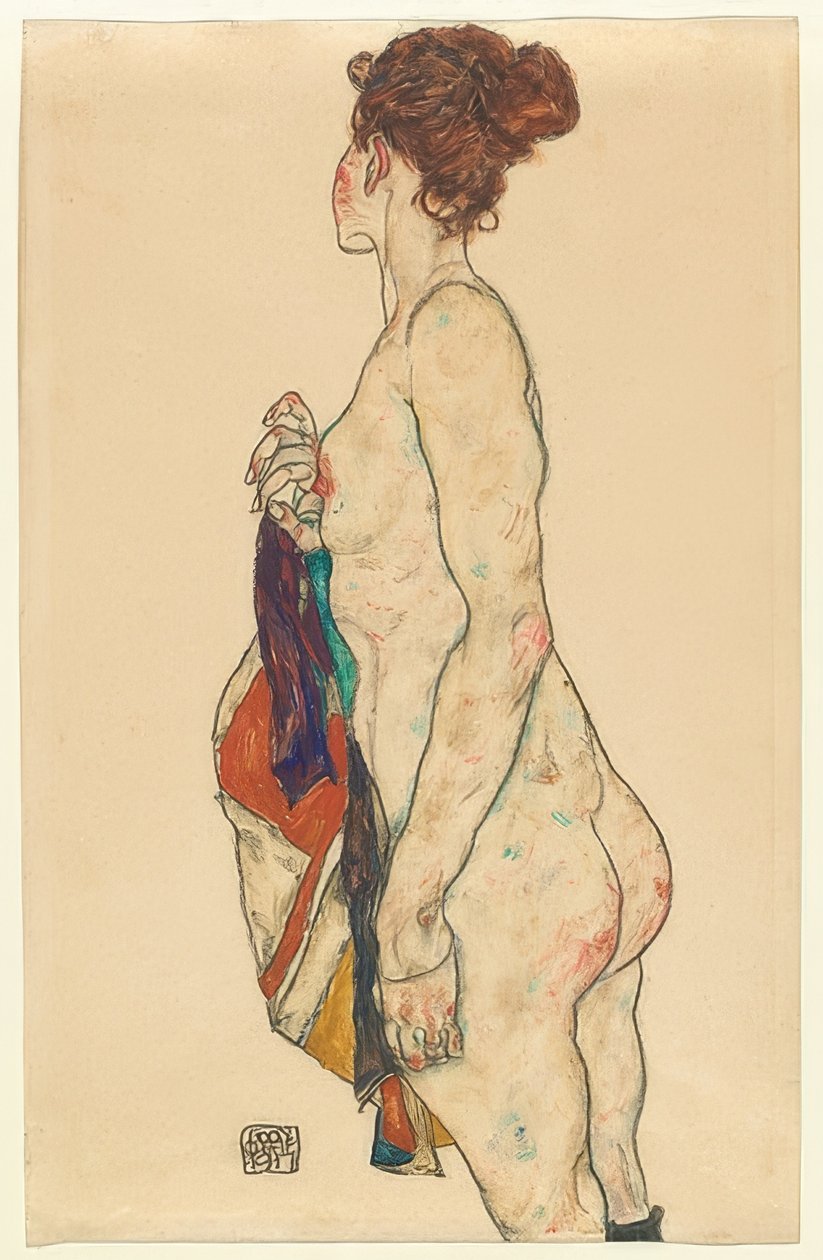 Stående nøgen med mønstret kappe. 1917 af Egon Schiele