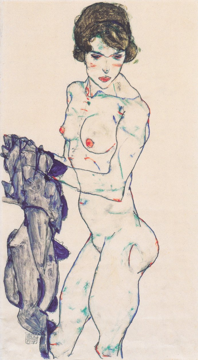 Stående kvindelig nøgen med blå klud af Egon Schiele