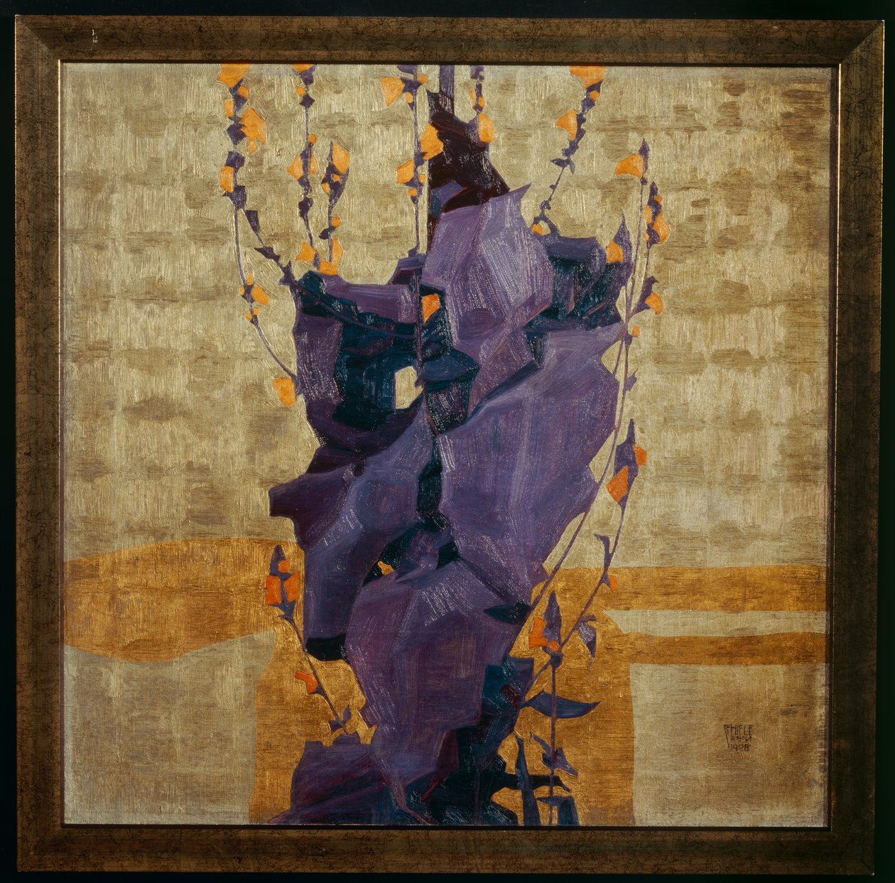 Stiliseret blomst mod en dekorativ baggrund ... (bronze) af Egon Schiele