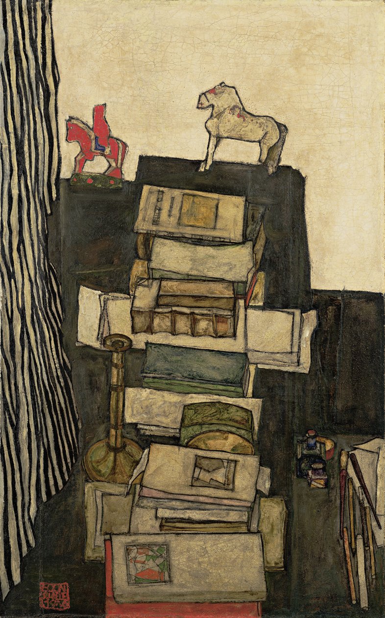 Stilleben med bøger Schieles skrivebord, 1914 af Egon Schiele