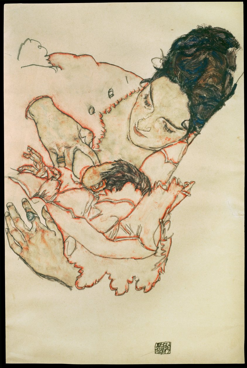 Stillende Mutter - Ammende mor ... (akvarel og sort farvekridt) af Egon Schiele