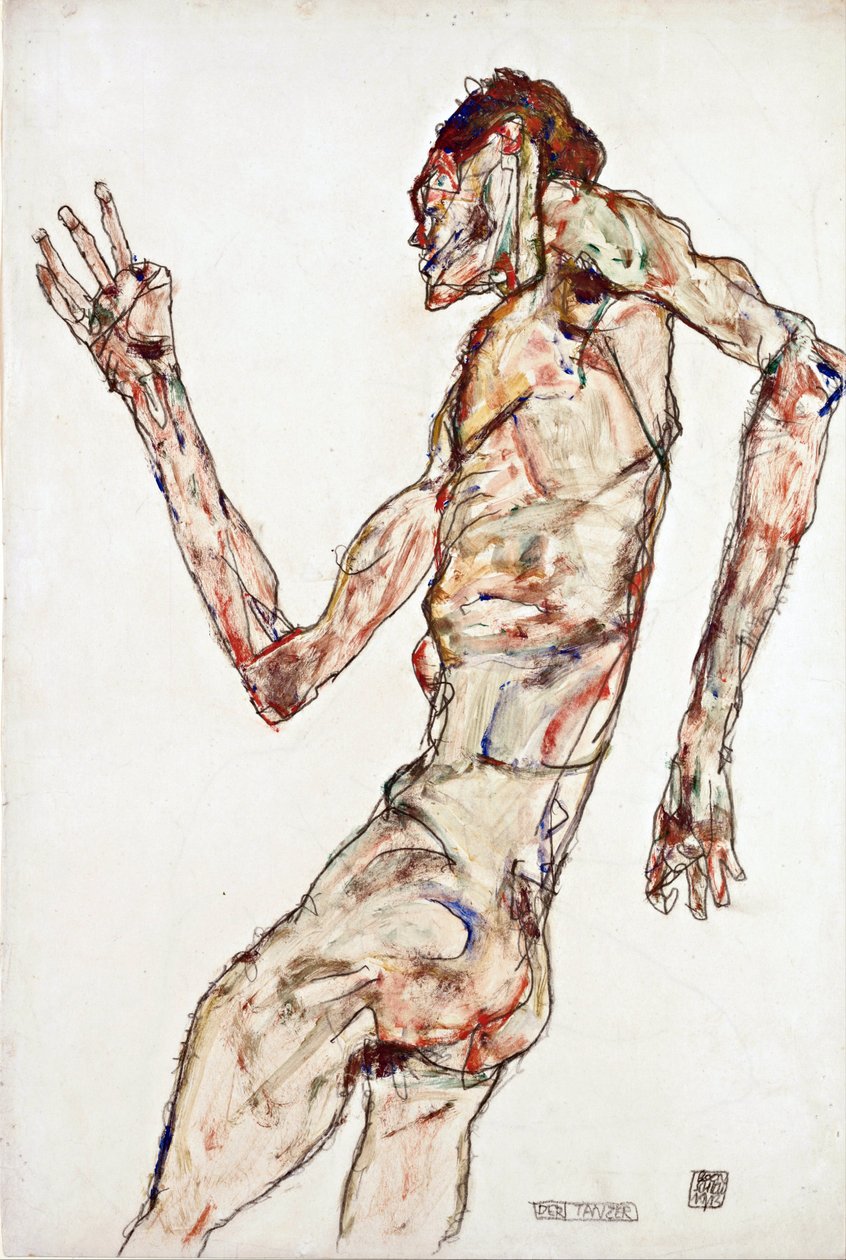 Danseren - Schiele, Egon (1890-1918) - 1913 - Sort kridt, Gouache på papir - 48,3x32,3 - Leopold Museum, Wien af Egon Schiele