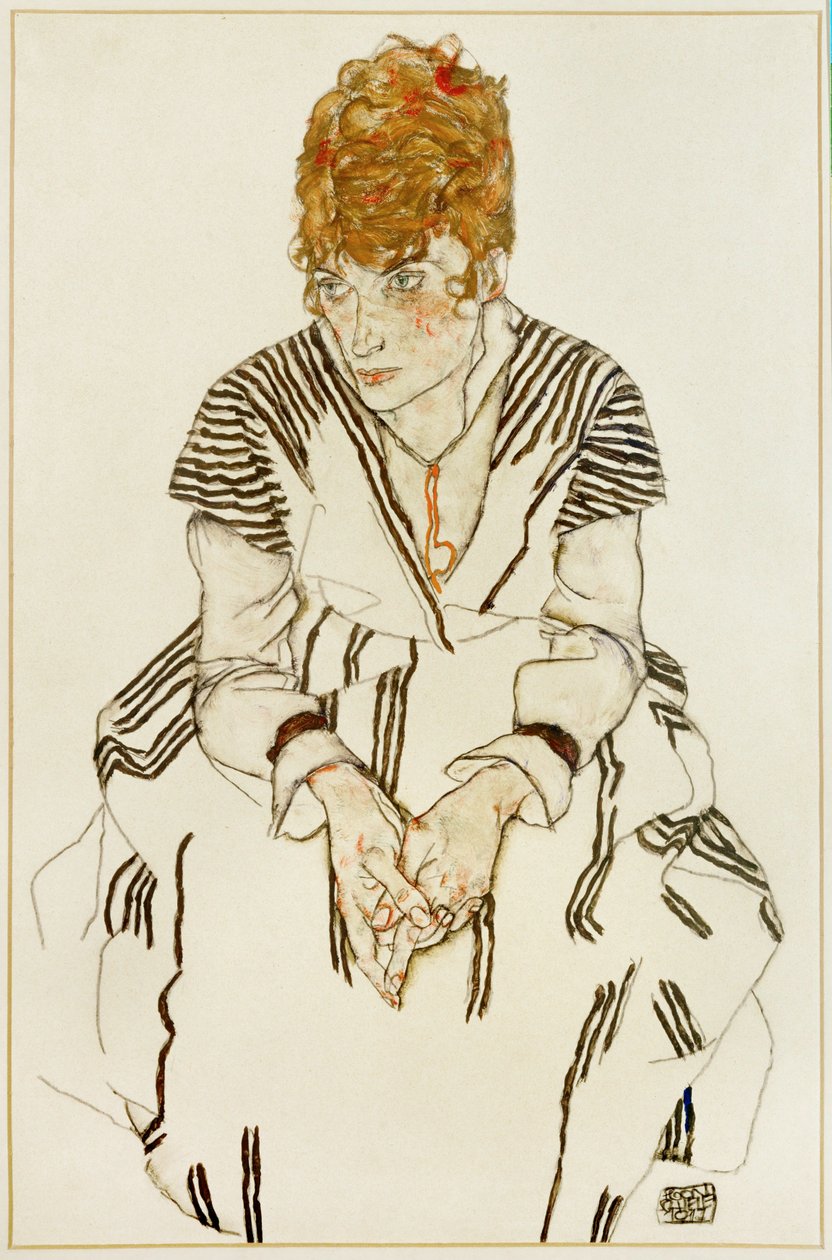 Kunstnerens svigerinde i stribet kjole, siddende af Egon Schiele