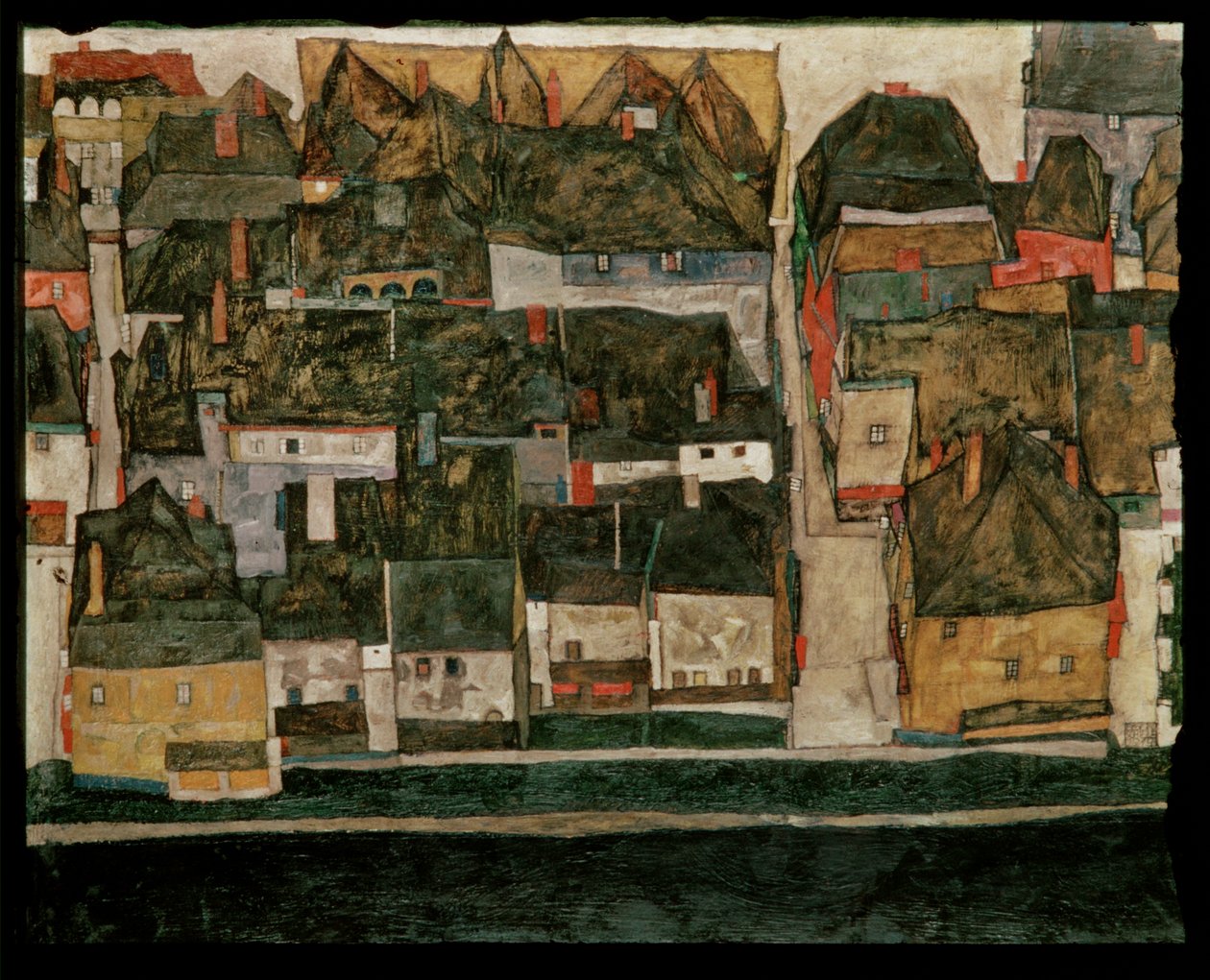 Den lille by IV (maleri på lærred) af Egon Schiele