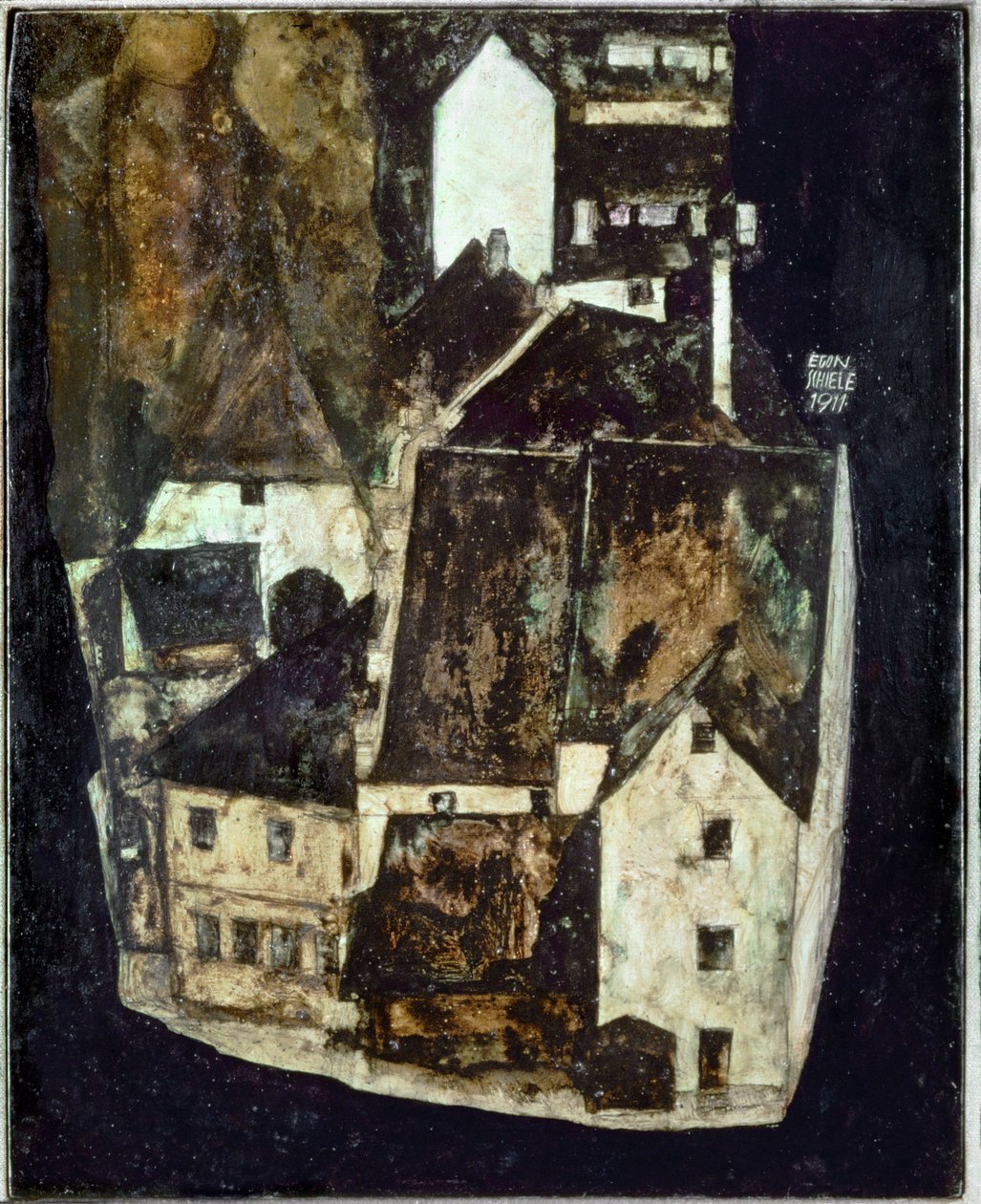Tote Stadt III (Stadt am blauen Fluss III) [Død by Iii (By ved den blå flod III)], ... (olie og gouache på træ) af Egon Schiele