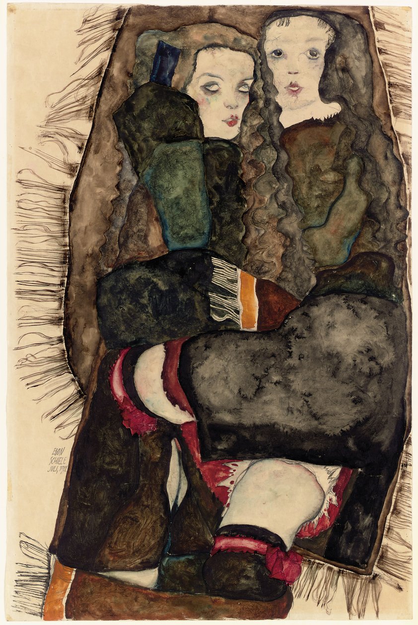 To piger på et frynset tæppe; To piger på et tæppe med frynser, 1911 af Egon Schiele