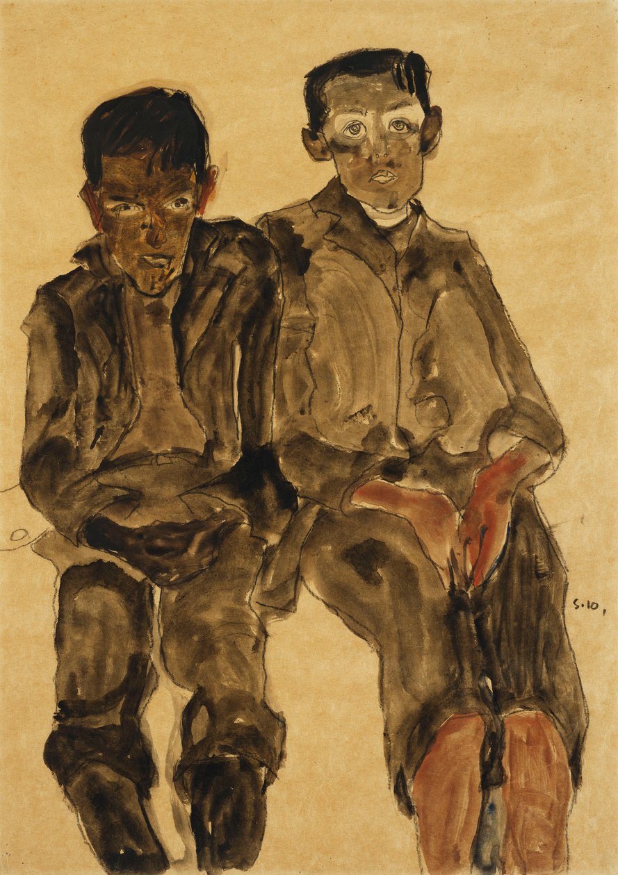 To siddende drenge; To siddende drenge, 1910 af Egon Schiele