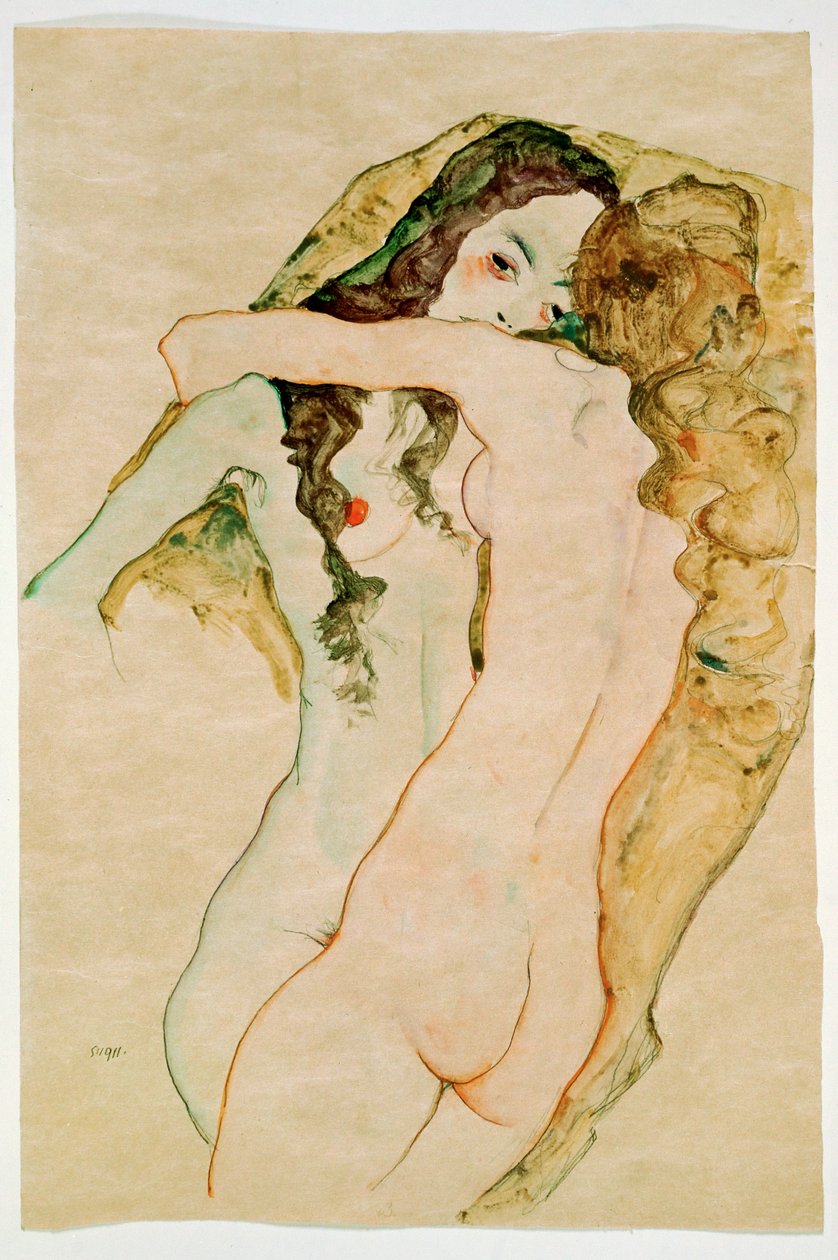 To kvinder omfavner hinanden (akvarel og blyant) af Egon Schiele