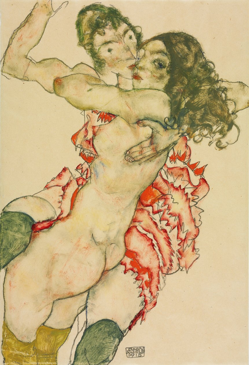 To kvinder, der omfavner hinanden af Egon Schiele