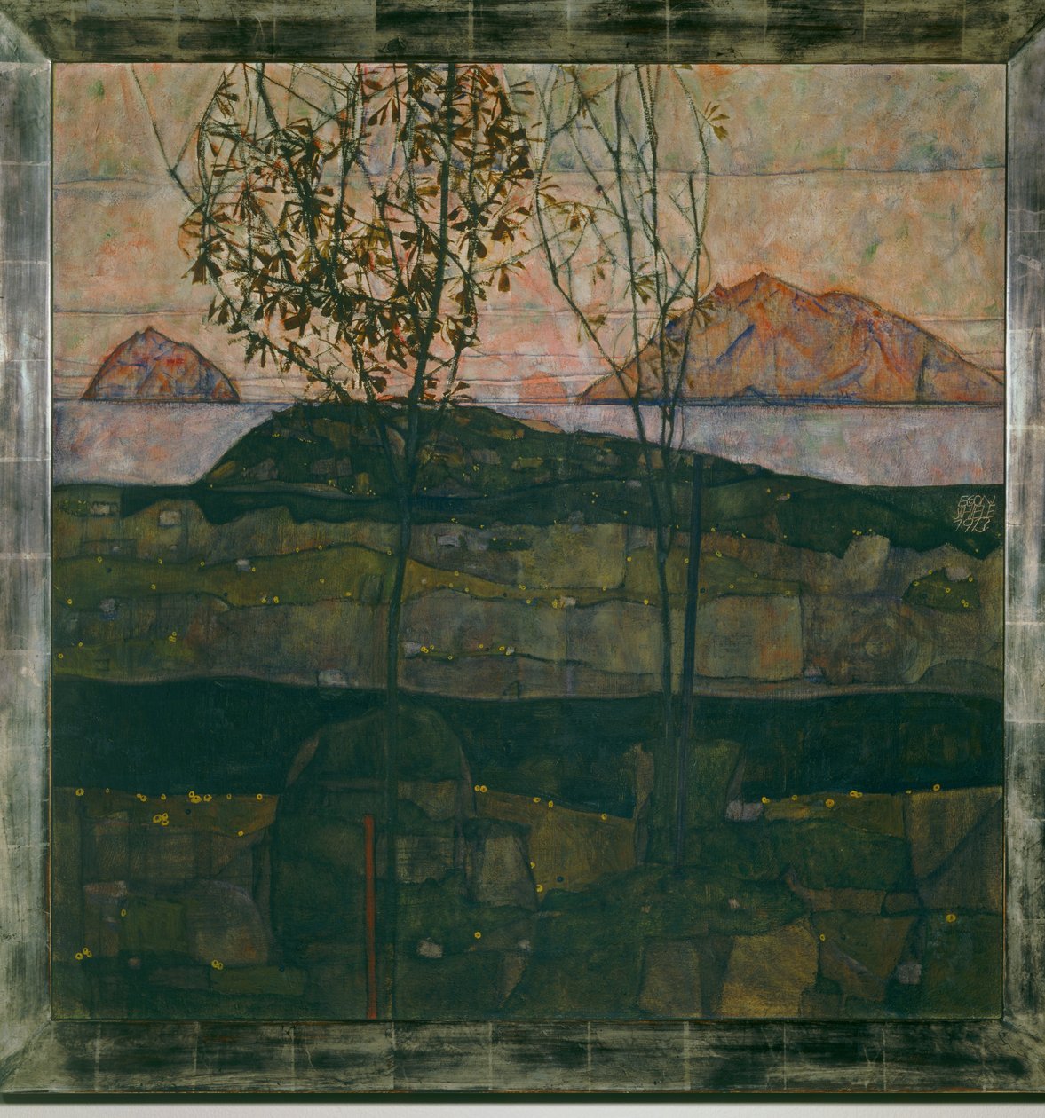 Versinkende Sonne (olie på lærred) af Egon Schiele