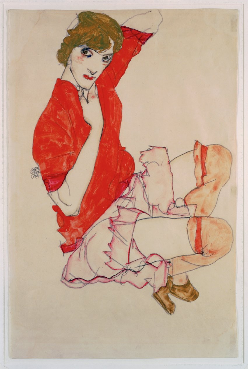 Wally in roter Bluse mit erhobenen Knien (gouache, akvarel og blyant) af Egon Schiele