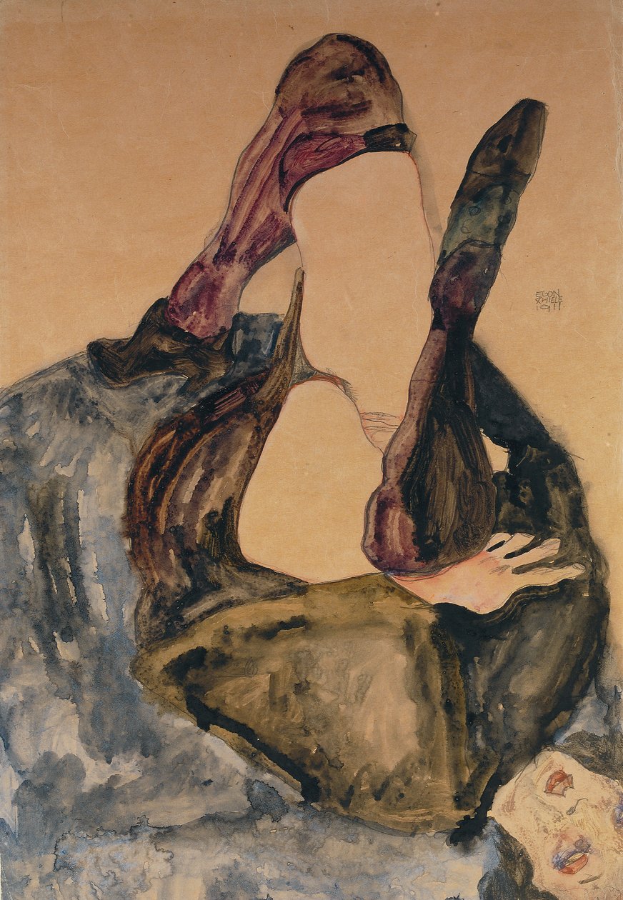 Kvinde med hævede ben og lilla strømper; Kvinde med hævede ben og lilla strømper, 1911 af Egon Schiele