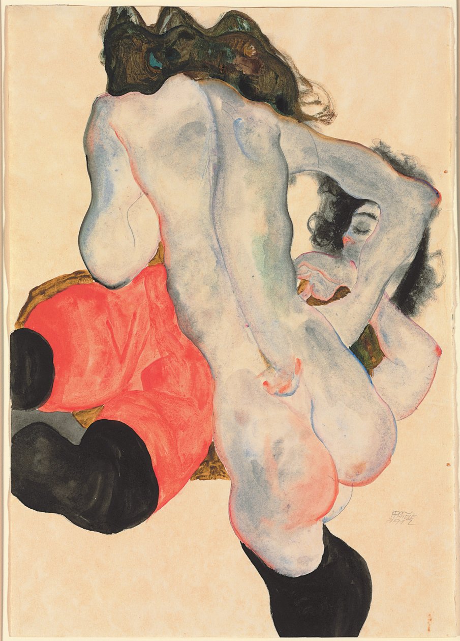 Kvinde med røde bukser og stående kvinde nøgen; Tilbagelænet kvinde med røde bukser og stående kvindelig nøgen, 1912 af Egon Schiele