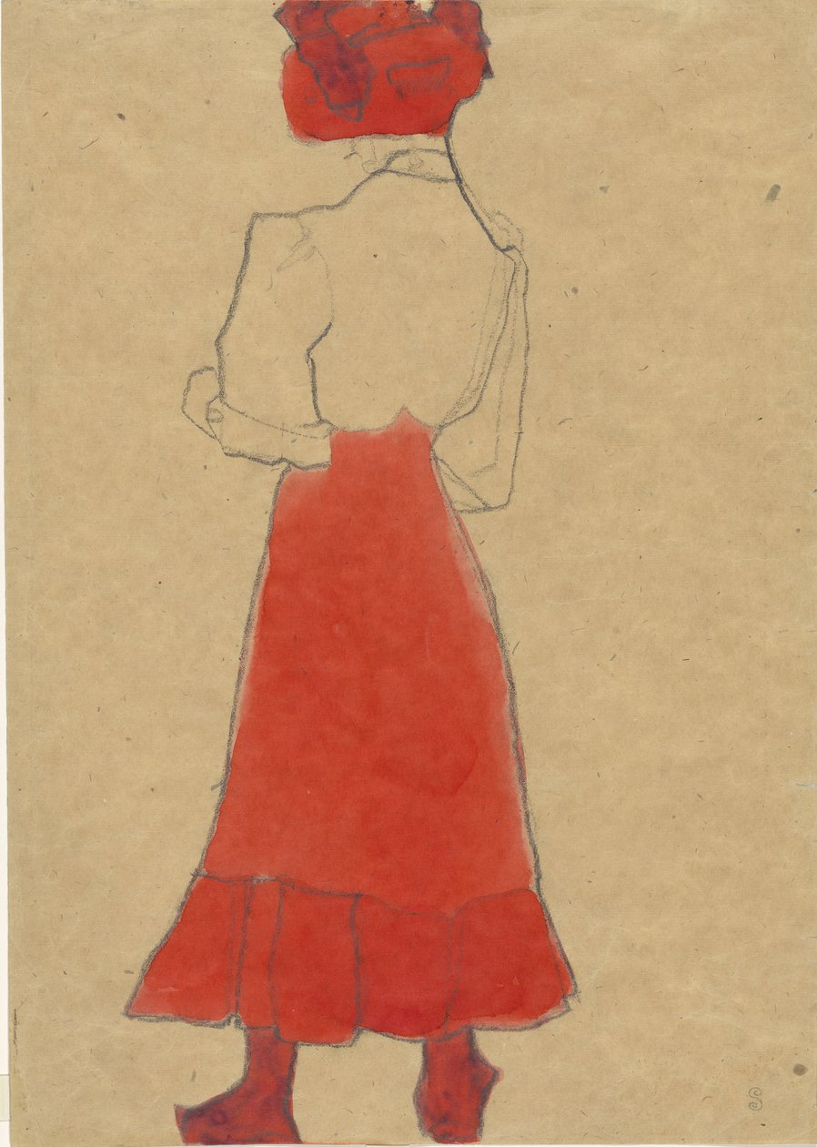 Kvinde med rød nederdel, ca. 1909. af Egon Schiele