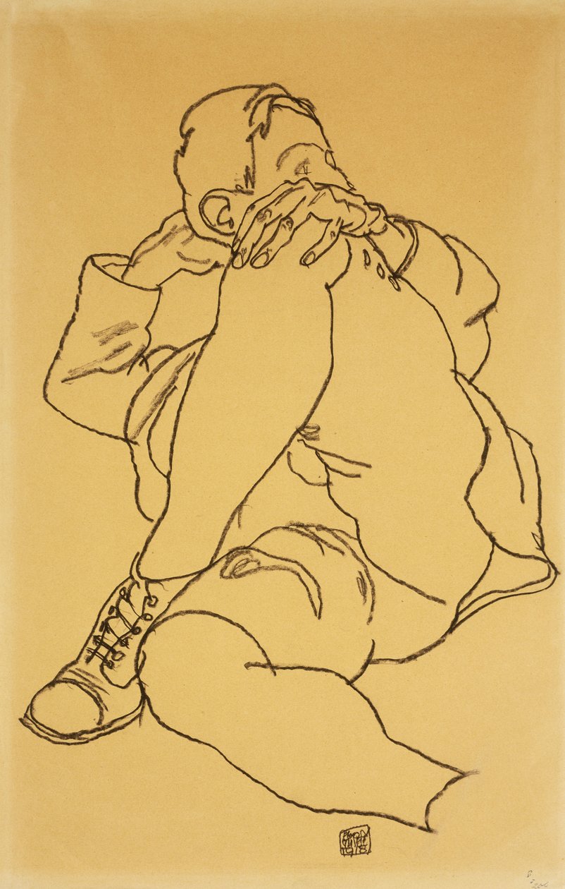 Ung mand tilbagelænet med hovedet hvilende på sit krydsede ben; Tilbagelænet dreng med hovedet støttet op og venstre ben over kors, 1918 af Egon Schiele