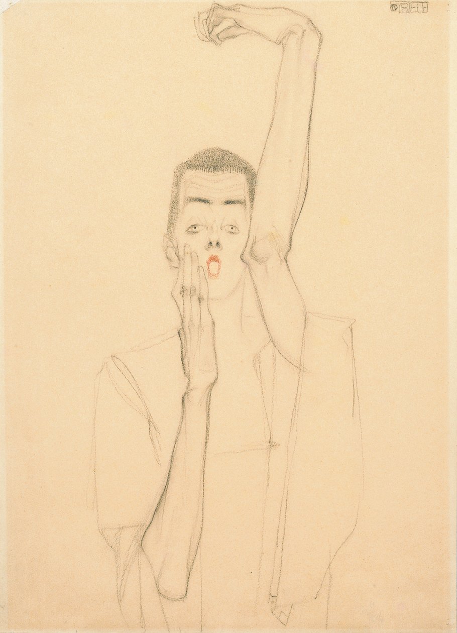 Ung mand med løftet arm og rød mund; Selvportræt med hævet venstre arm og rød mund, 1909 af Egon Schiele