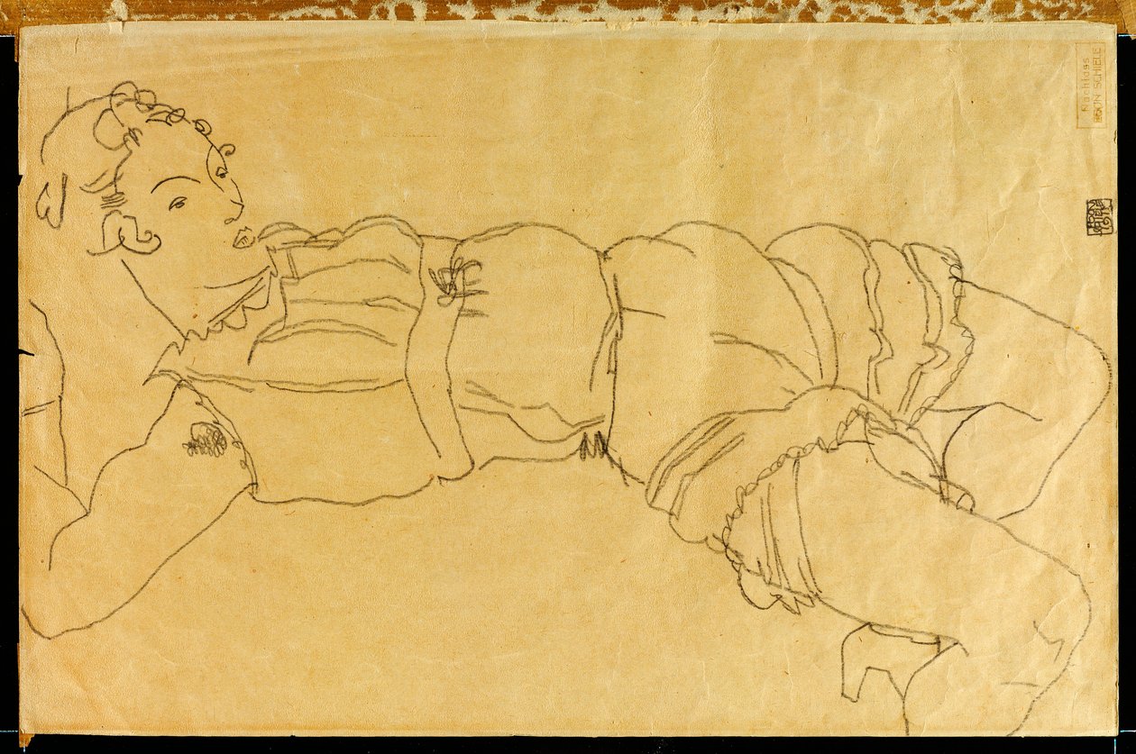 Ung kvinde liggende på ryggen, 1915 af Egon Schiele