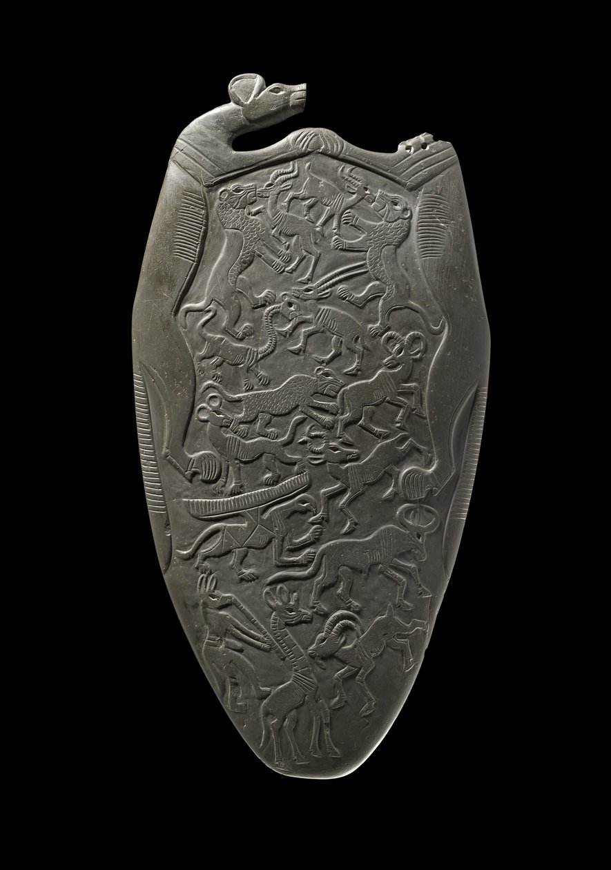 Ceremoniel palette udskåret med dyr, nogle i kamp, nogle skridende til musik af en sjakalhovedet fløjtenist, fra Main Deposit, Hierakonpolis, ca. 3000 f.Kr. (skifer) af Egyptian