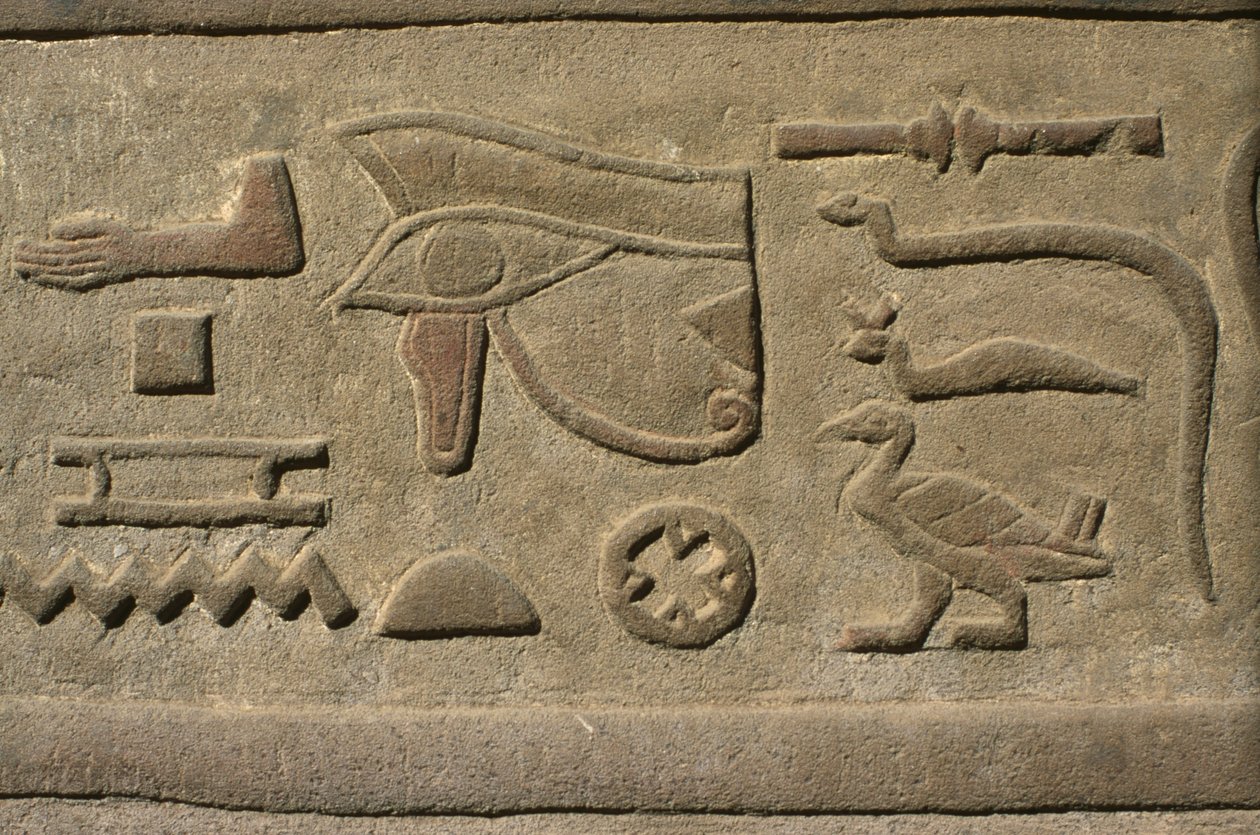 Detalje af et relief, hieroglyffer kalksten af Egyptian