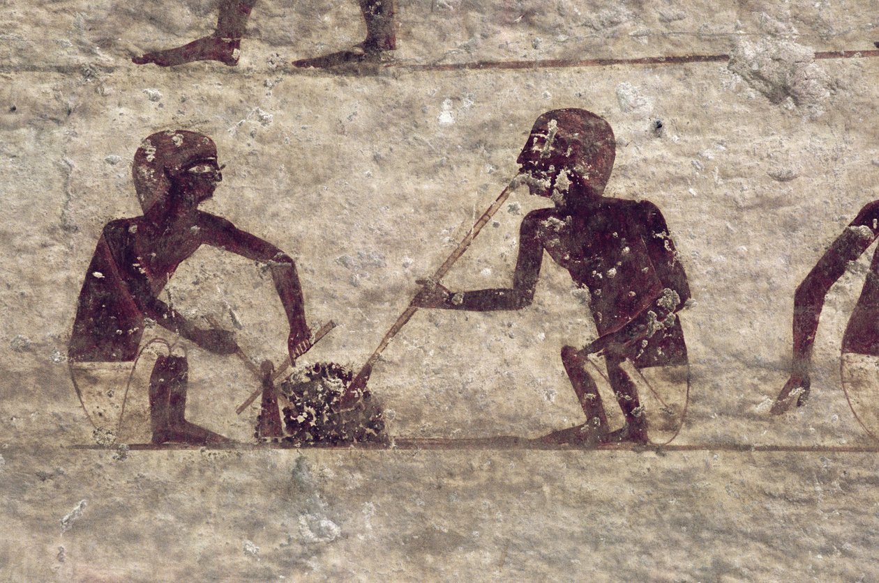 Glasblæsere, detalje fra et gravmaleri, egyptisk, old to Middle Kingdom (malet kalksten) af Egyptian