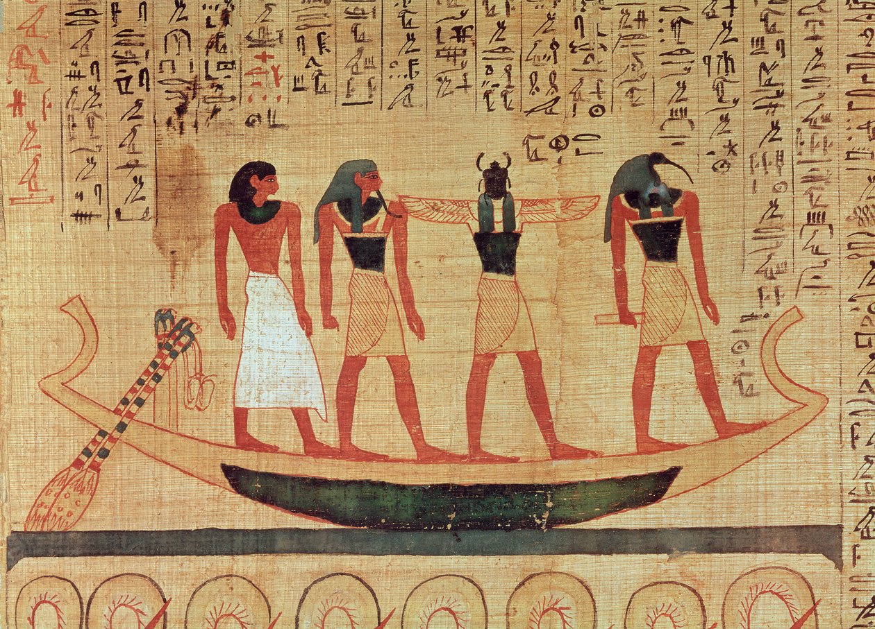 Papyrus, der afbilder en mand, der transporteres på en bark til livet efter døden af Thoth, Khepri og en anden gud af Egyptian