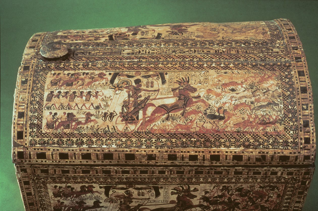 Detalje af en Tutankhamon-kiste, Det Nye Rige, ca. 1340 f.Kr., malet træ af Egyptian 18th Dynasty